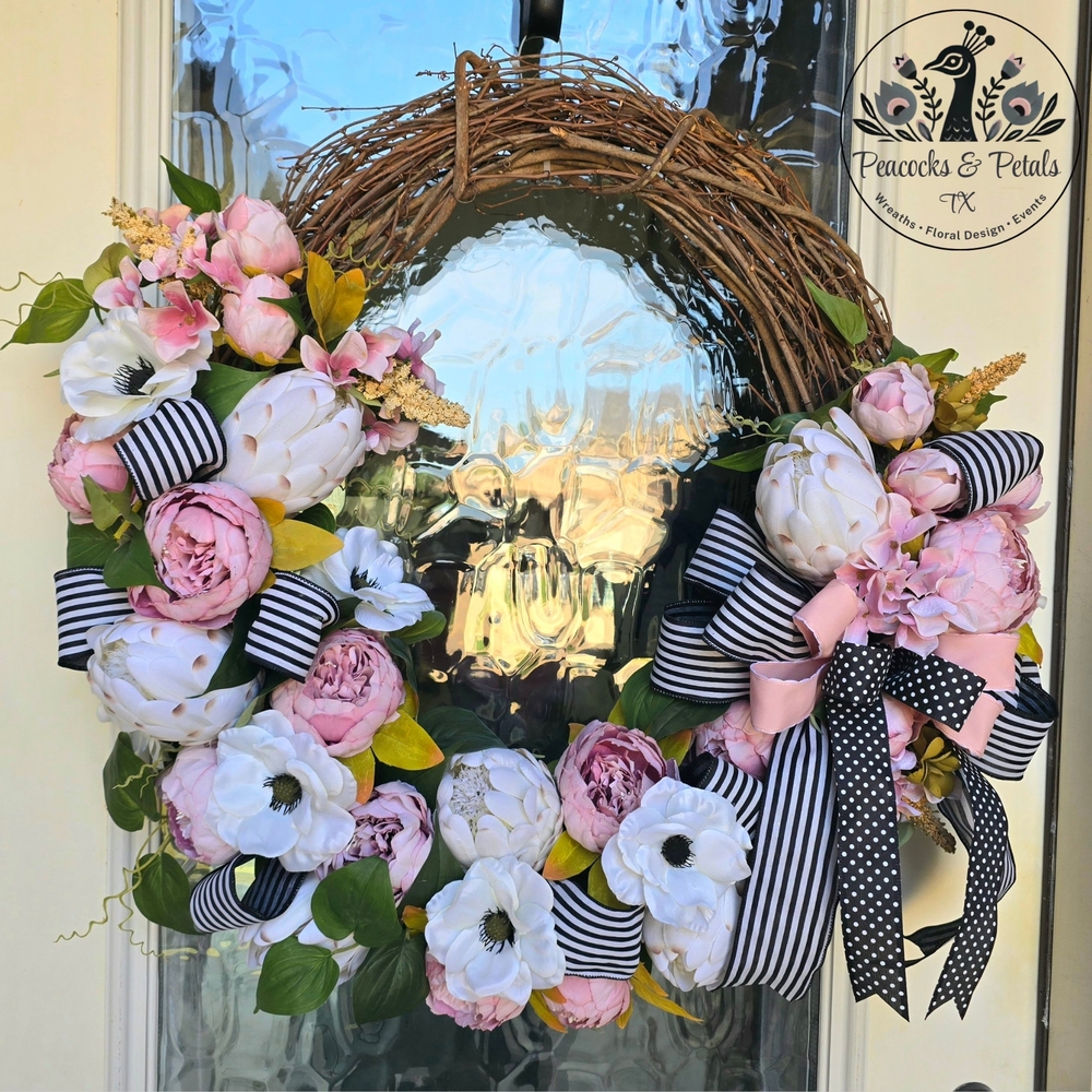 Large 24" Grapevine Wreath, Pink Peony Wreath, Black, White & Pink Wreath